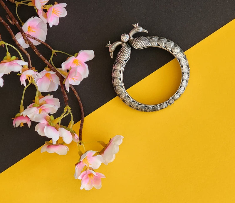 Silver-Toned Oxidised Peacock-Shaped Bangle