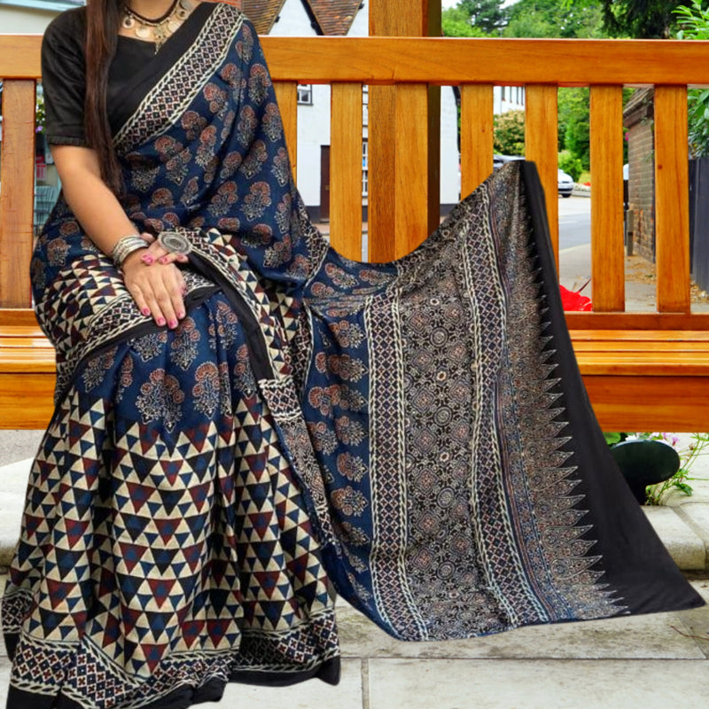 Ajrakh Saree - Indigo