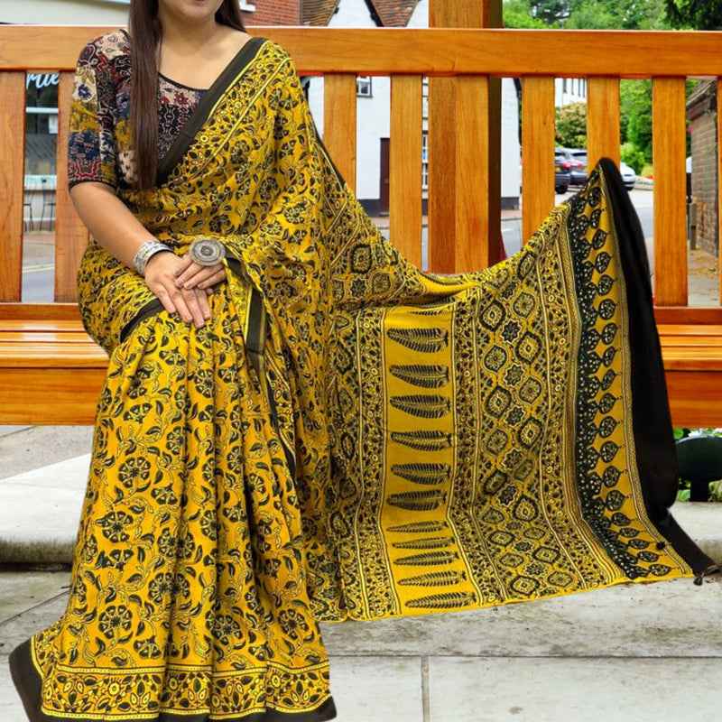 Ajrakh Saree - Yellow