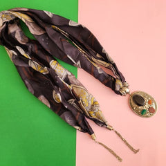 Elegant Black Necklace Scarf with Pendant and Tassels