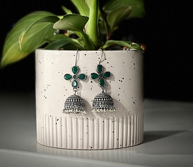 Green Austrian Stone Oxidised Jhumka Earrings