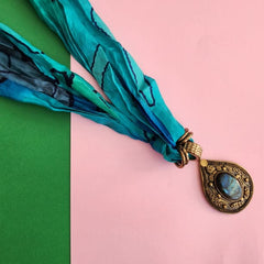 Magical Blue Color Necklace Scarf with Pendant and tassels