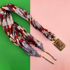 Multi Color Checks Necklace Scarf with Pendant and Tassels