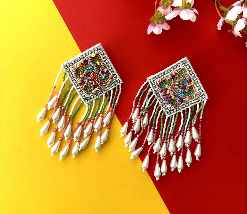 Multicolor Beaded Earrings with Pearl Dangles