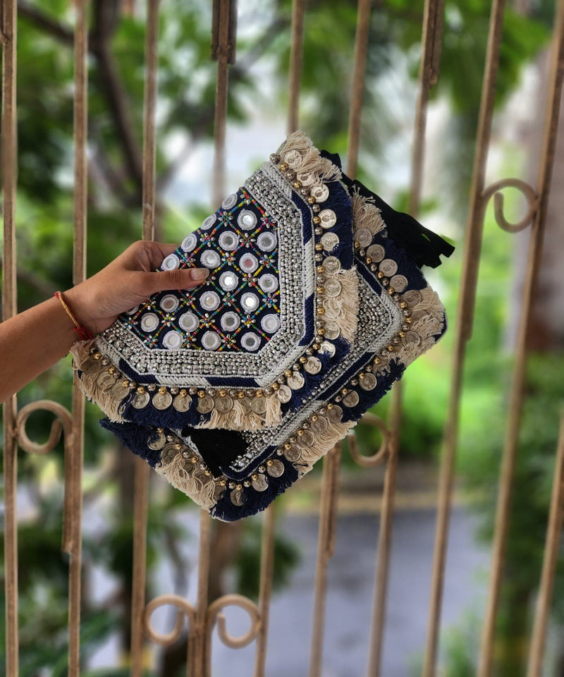 Navy Blue Mirror Work Boho Bag