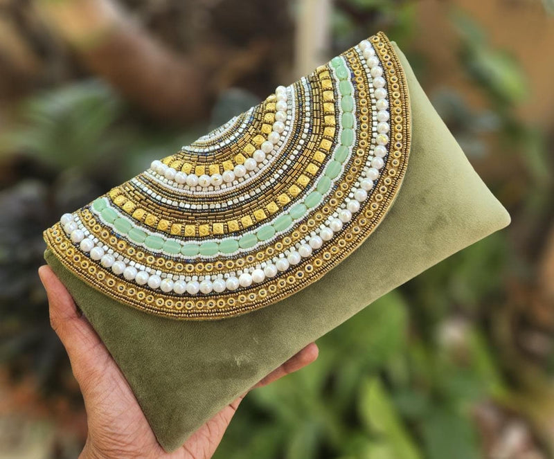 Olive Green Velvet Clutch