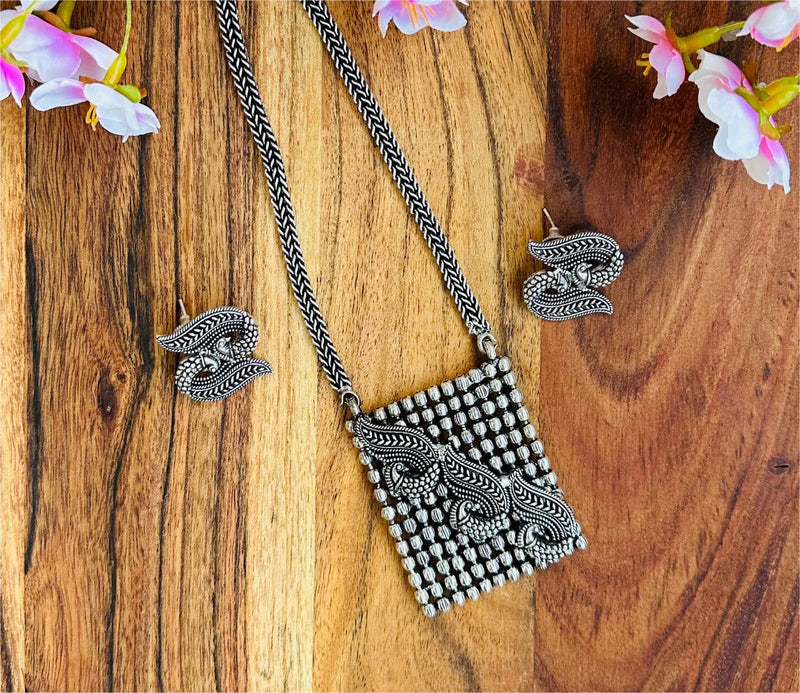 Square Silver Oxidised Necklace Set