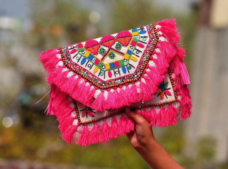 Pink Heavy Bead Work Boho Bag