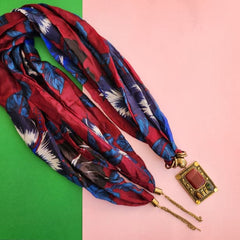 Ruby Red Color Necklace Scarf with Pendant and Tassels