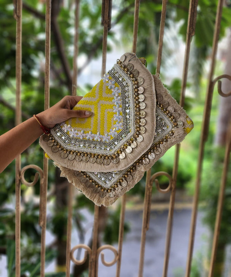 Yellow Embroidery Work Boho Bag